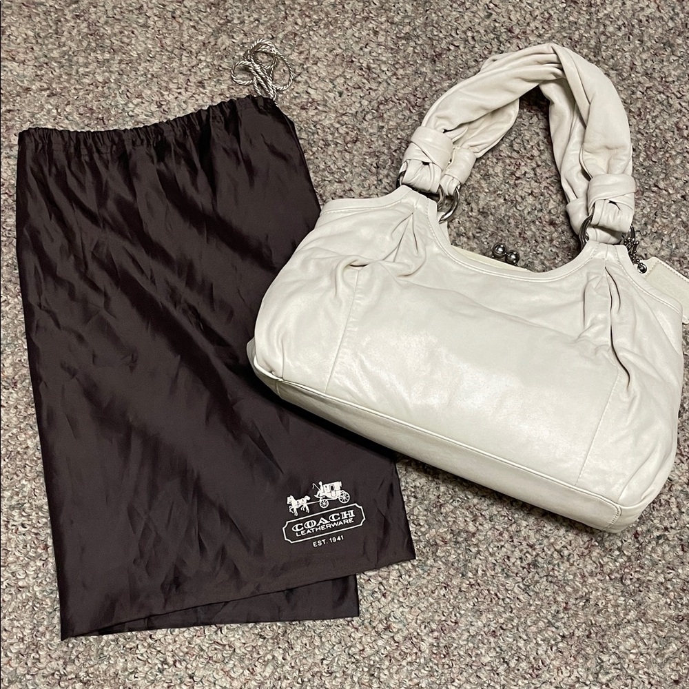 Coach white Leather Shoulder Bag with tri compartment inside